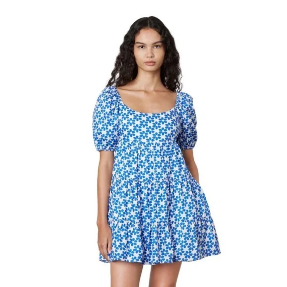 NIA Silvia Blue Floral Puff Sleeve Baby Doll Mini Dress Size M